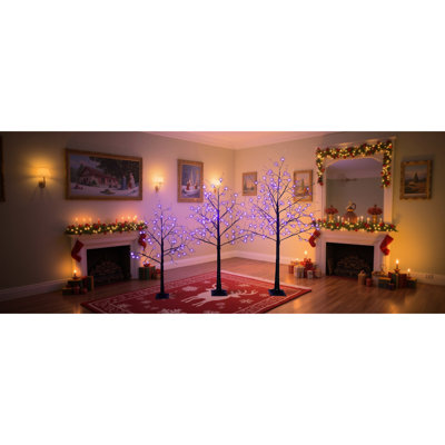 Ensemble de 3 arbres lumineux effrayants à lueur violette - 120 cm, 150 cm, 180 cm - Décorations de vitrine créatives noires, branches articulées, éclairage DEL artificiel, idéal pour une maison hantée ou comme support pour feu de camp.