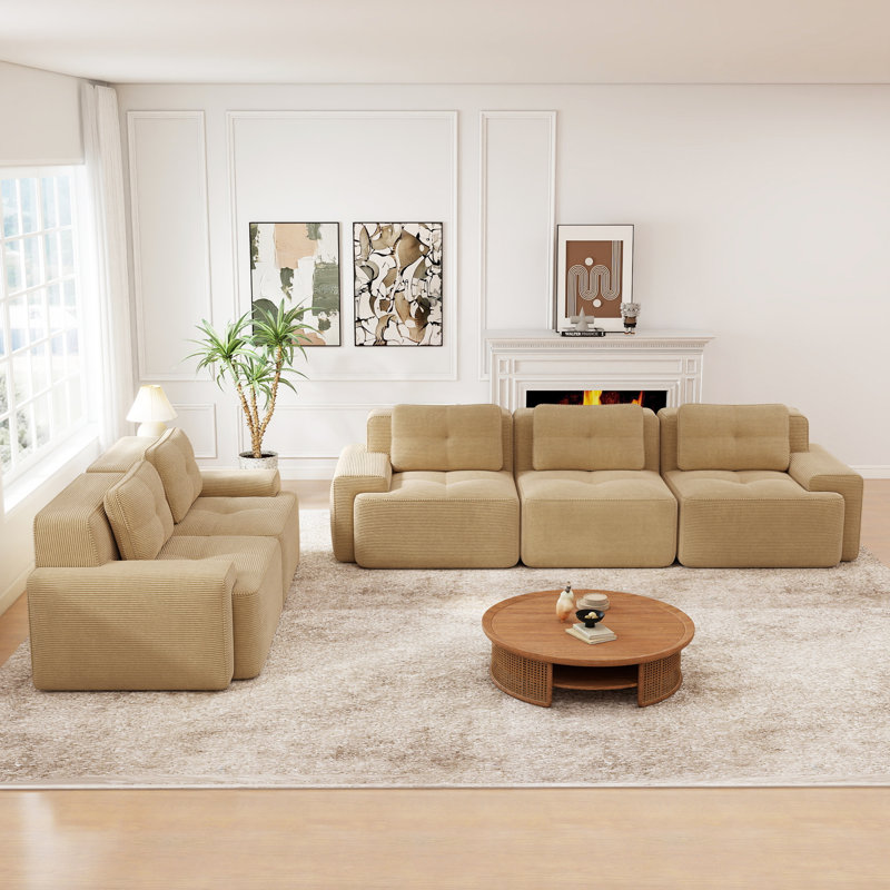 Ensemble de canapé 2 pièces 5 places en velours côtelé avec sièges profonds et coussins capitonnés sans assemblage, beige sable