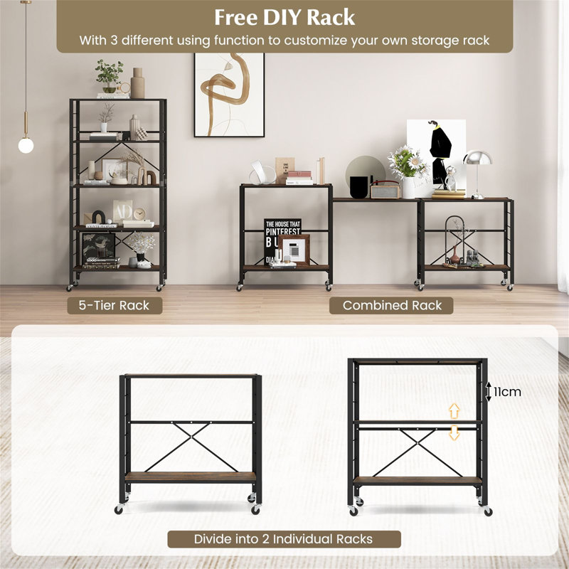 5-Tier Foldable Shelving Unit Metal Shelves with Detachable Wheels, Black/Brown