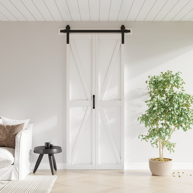Porte de placard pliante de style grange, blanche, en forme de K, à âme pleine, 91,4 cm x 213,4 cm, avec trousse de quincaillerie d'installation (idéale pour le garde-manger, la buanderie et autres pièces).