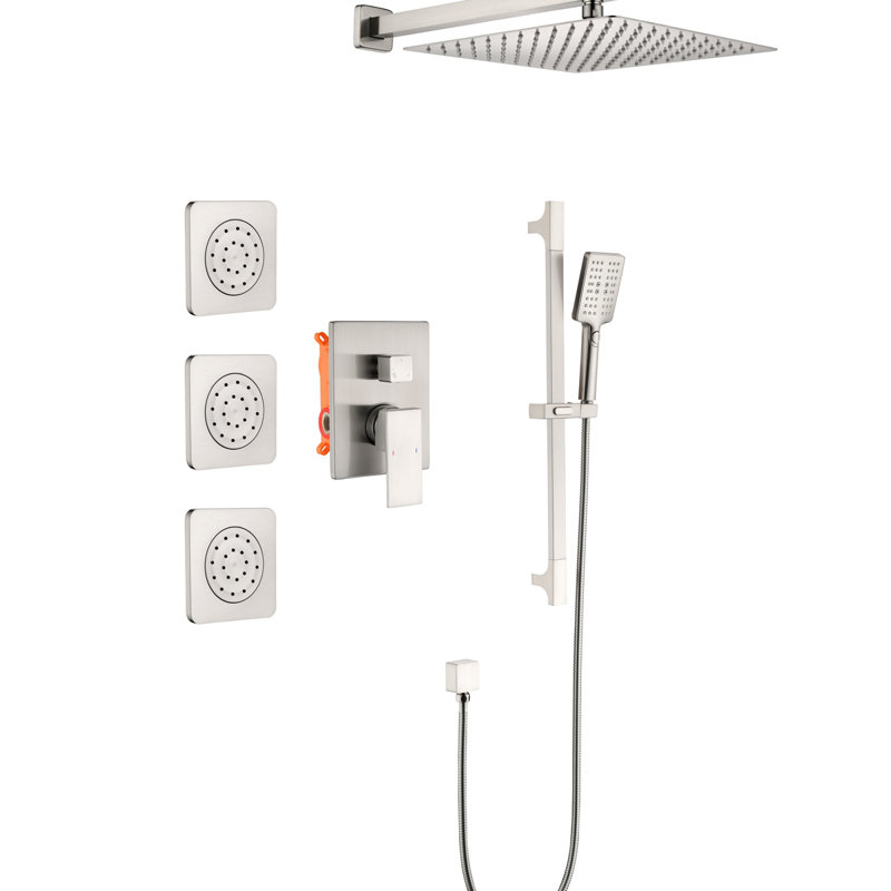 Shower System With Shower Head, Hand Shower, Slide Bar, Bodysprays, Shower Arm, Hose, Valve Trim, And Lever Handles