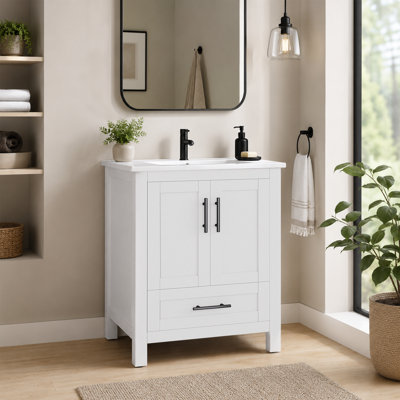 Ensemble de meuble-lavabo simple 24 po avec lavabo en céramique, blanc, bois massif