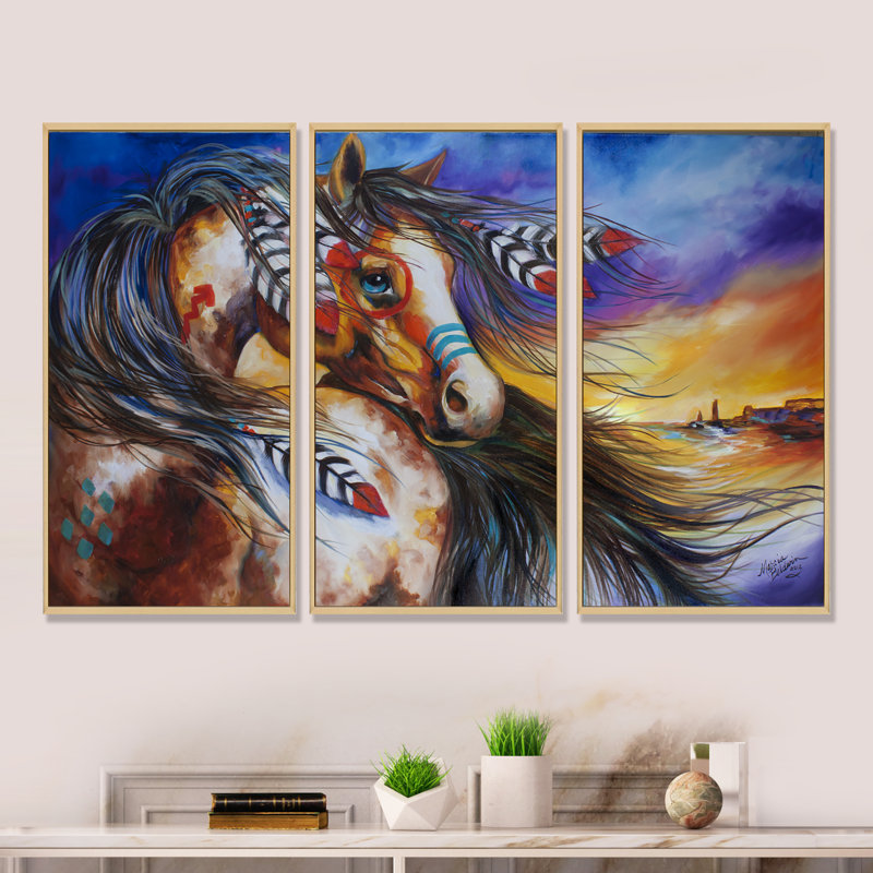 Cheval de guerre indien 5 plumes - ensemble de 3 reproductions d'art sur toile encadrées, L 48 po x H 32 po, Cadre brun