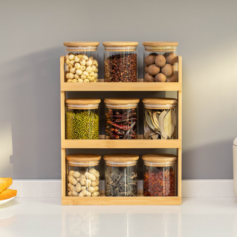 Rebrilliant Versatile 3-tier Bamboo Spice Rack And Pantry Organizer With 9 Glass Jars – Perfect For Countertop Storage In Kitchens To Keep Seasoning Containers Neatly Displayed And Easily Accessible