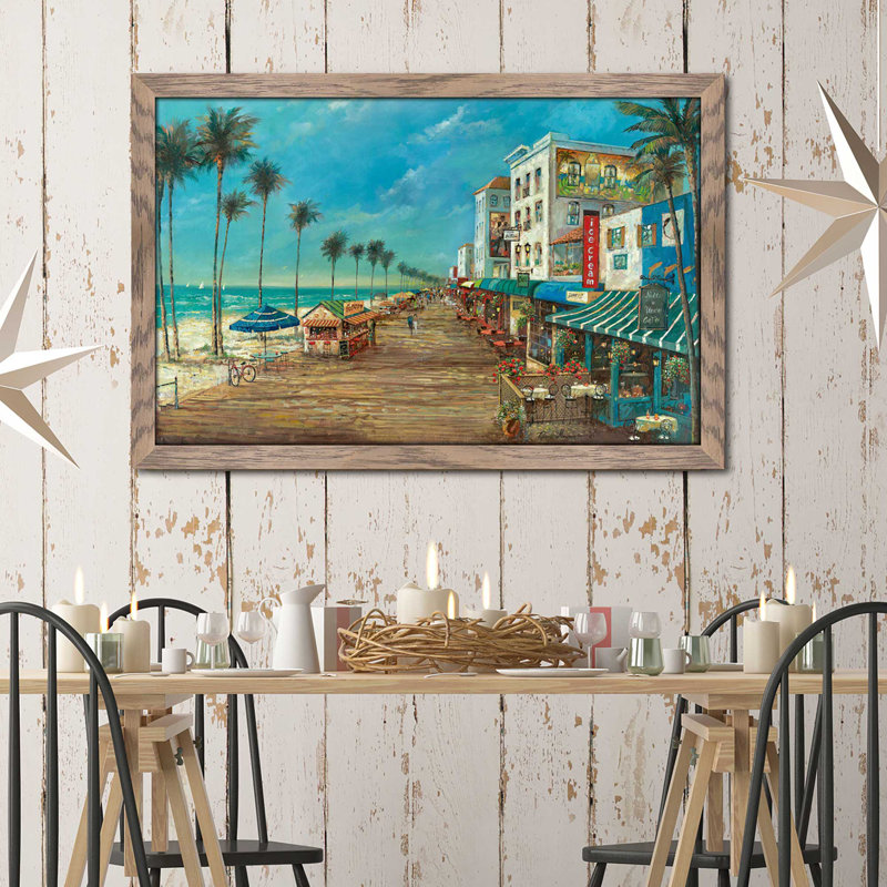 « a day on the boardwalk », reproduction de peinture à l’huile encadrée, H 35,5 po x l 51,5 po x P 0,75 po