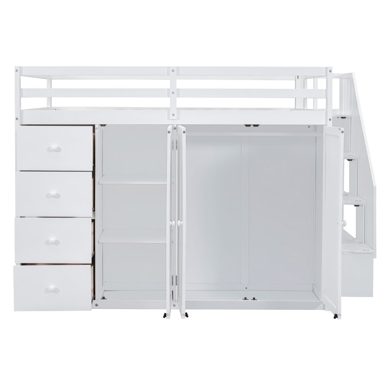Lit mezzanine en bois pleine grandeur peu encombrant avec rangement spacieux, finition blanche moderne