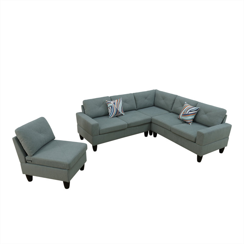 Canapé modulaire de coin en L Dara 4 pièces Lazara, Mélange de polyester vert et gris, Noir