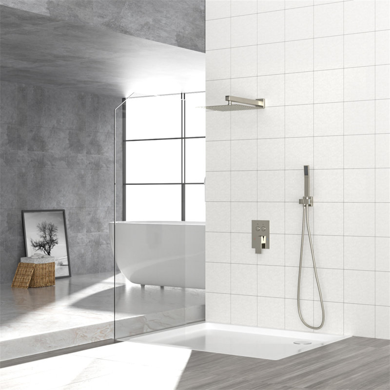 Dual Shower Head - 10 Inch Wall Mounted Square Shower System With Rough-In Valve, Brushed Nickel