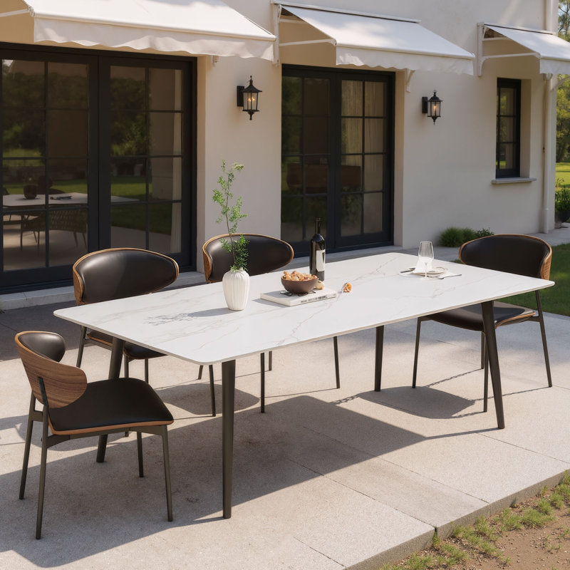 63" Weather-Resistant Outdoor Sintered Stone Dining Table, Patio Table with Metal Legs for 4-6