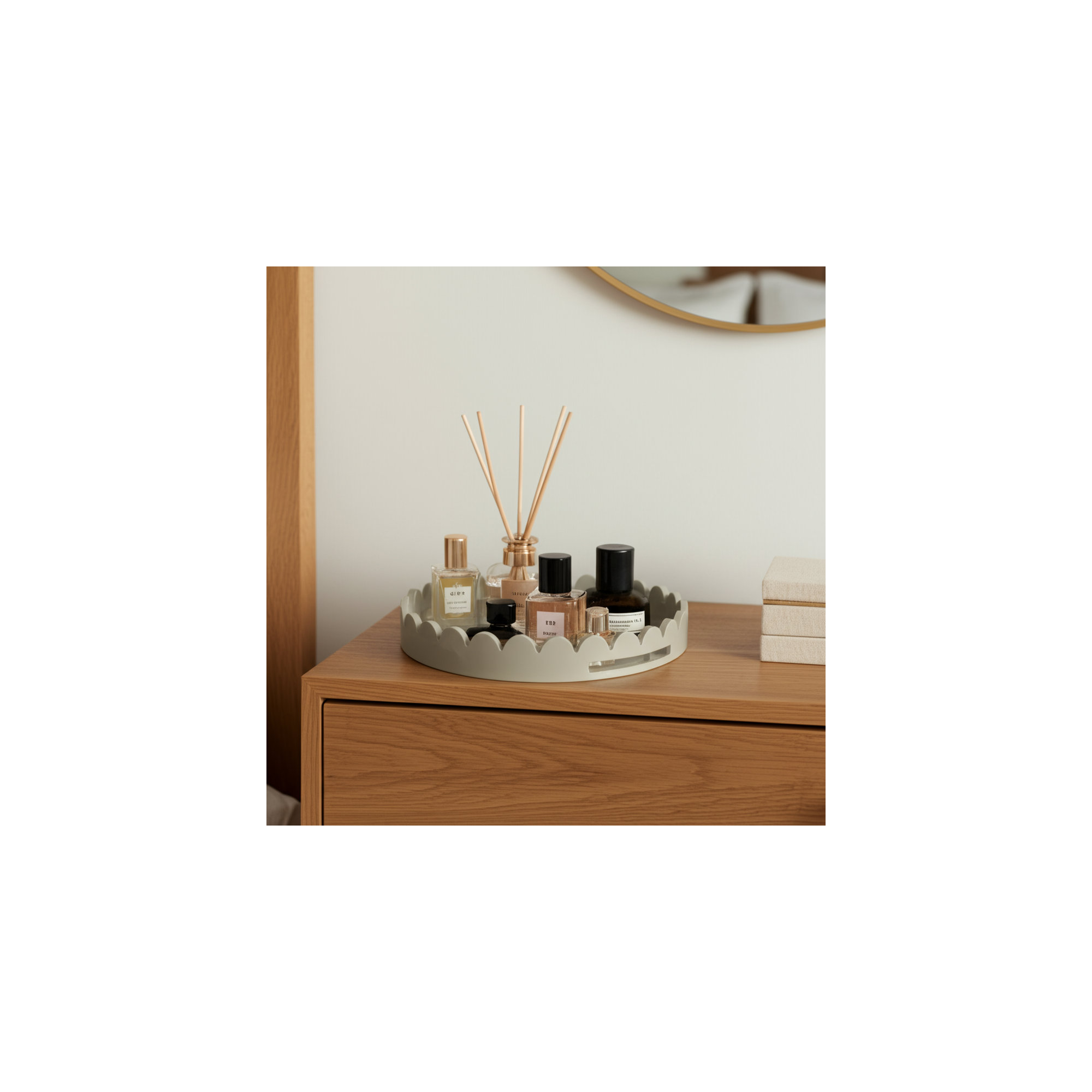 Effa Hand-Crafted Round Scalloped Wood Tray, Gray