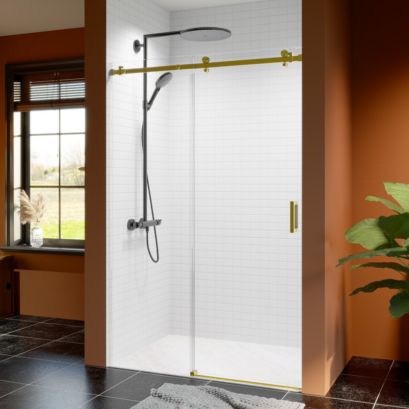 46"-48" W X 76" H Frameless Single Sliding Shower Door,  5/16" (8Mm) Thickened Upgrade Tempered Glass Door, Smooth Roller Stainless Steel Hardware, Reversible Mounted Modern Bathroom Enclosure