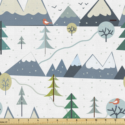 Elvin Snowy Landscape of Trees and Mountains with Birds Fabric