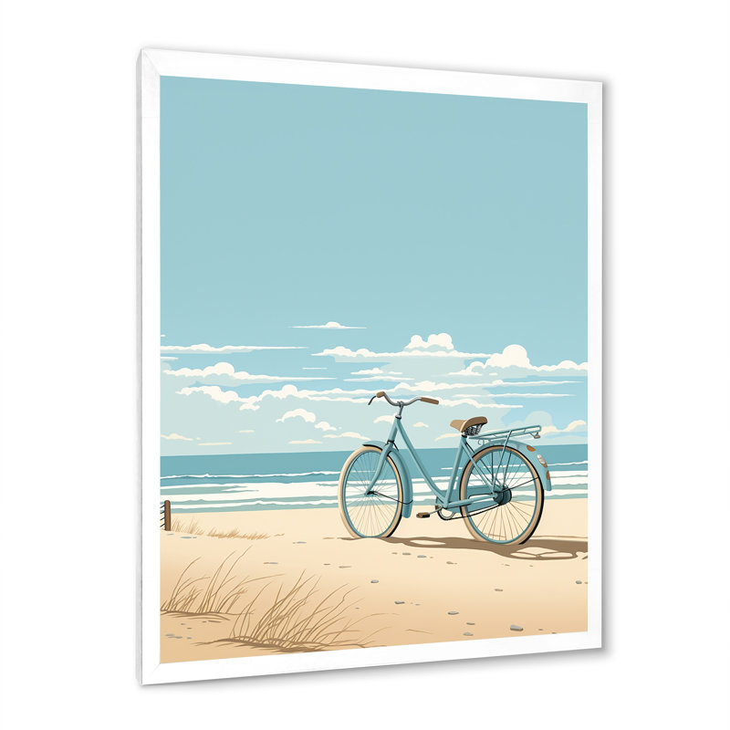 «Blue Beachside Bicycle Retro Illustration», reproduction, Cadre photo blanc, H 20 po x l 12 po x P 1 po