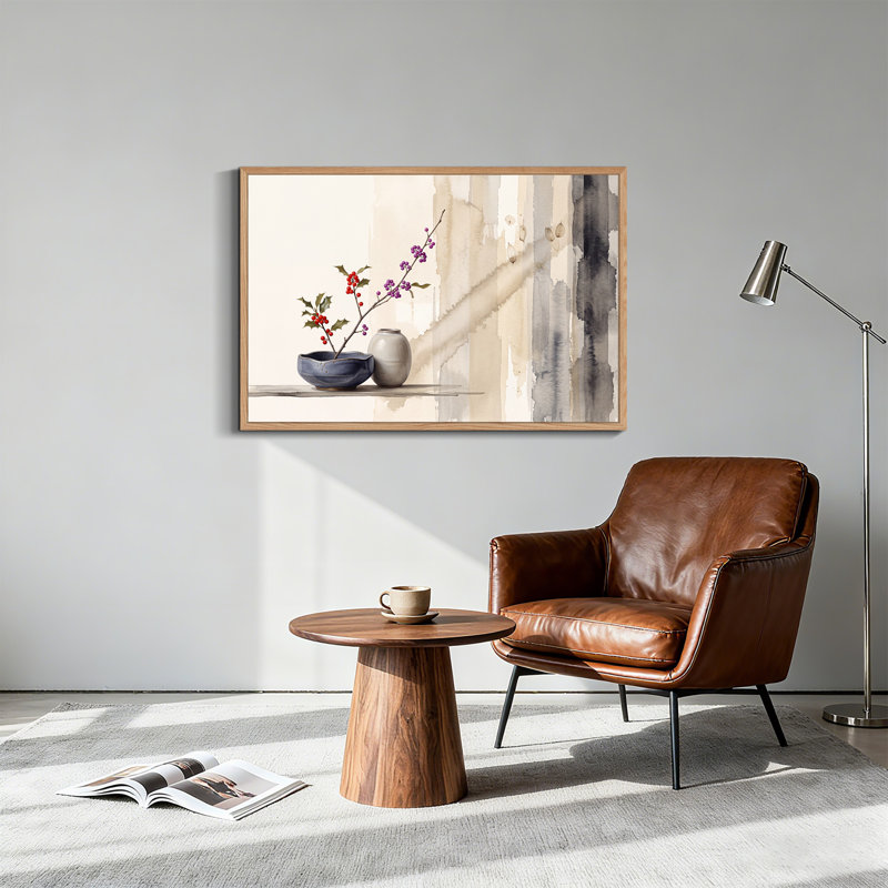 Art mural sur toile bleu et beige en céramique avec baies rouges et mauves, 24"H x36"W