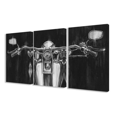 " Black And White Classic Motorcycle Triptych Stretched " 3 - Pieces