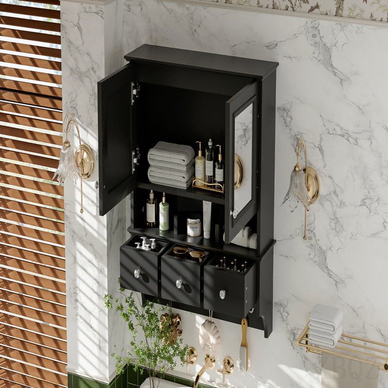 Solid Wood+MDF Bathroom Storage, Noir