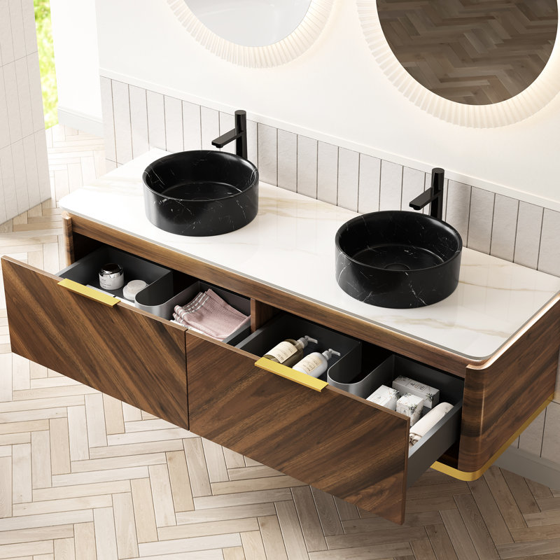 60" Floating Bathroom Vanity With High - Quality Black Round Ceramic Sinks, Sintered Stone Countertop, 2 Drawers Sensor , Dark Walnut Plywood Storage, Pre Assembled, Soft Close Drawer Slides, Night