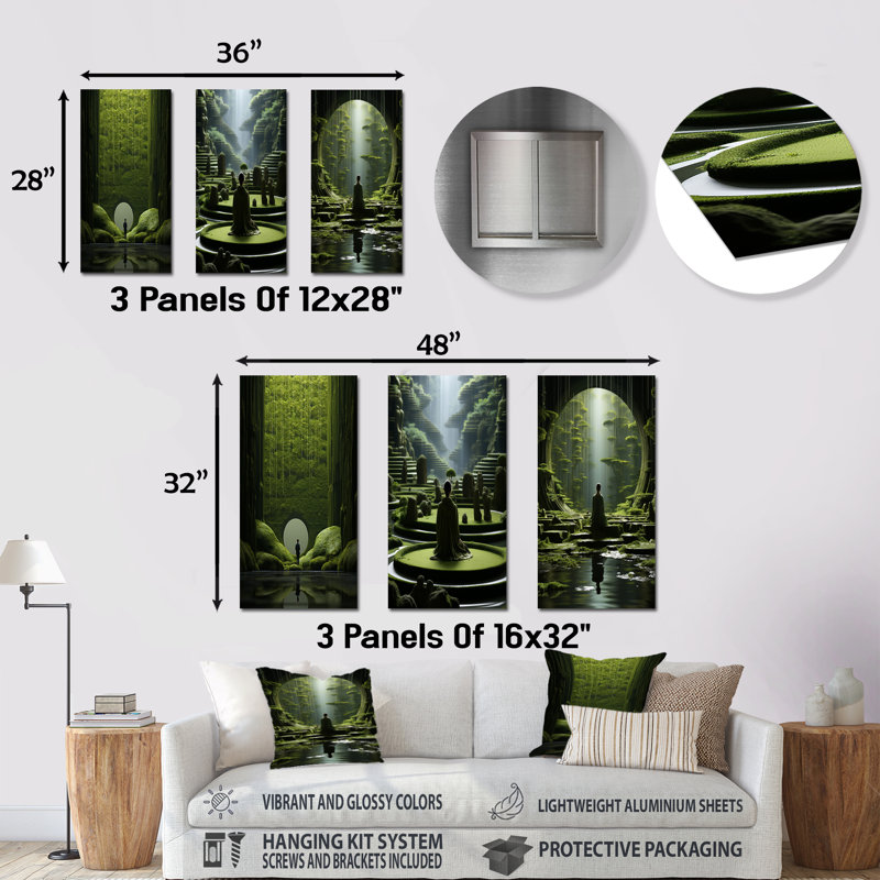 Mediation Zen Garden Contemplation - Ensemble de 3 décorations murales abstraites en métal, H 32 po x l 48 po