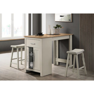 Table de salle à manger grise de 47 po et 2 tabourets confortables, finition chêne, armoires, 1 tiroir, comptoir peu encombrant pour salle de petit-déjeuner avec base en panneau de particules, coin
