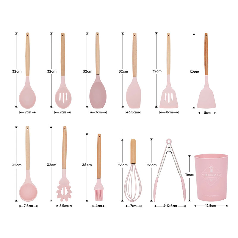 Ensemble d'ustensiles de cuisine en silicone 12 pièces - Outils de cuisson résistants à la chaleur sans Bpa avec poignées en bois et support en plastique (rose)