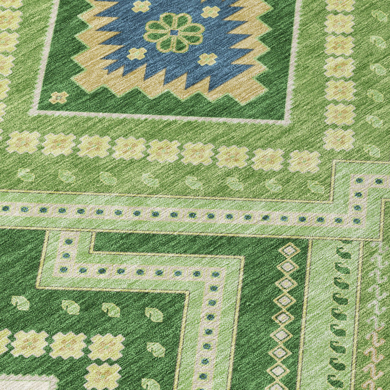 Green Tribal Pattern Machine Washable Indoor/Outdoor Rug