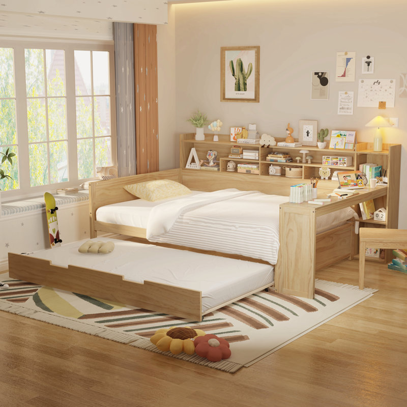 Lit de jour double en bois avec tablettes de rangement, lit multifonctionnel avec lit gigogne simple et bureau d'étude