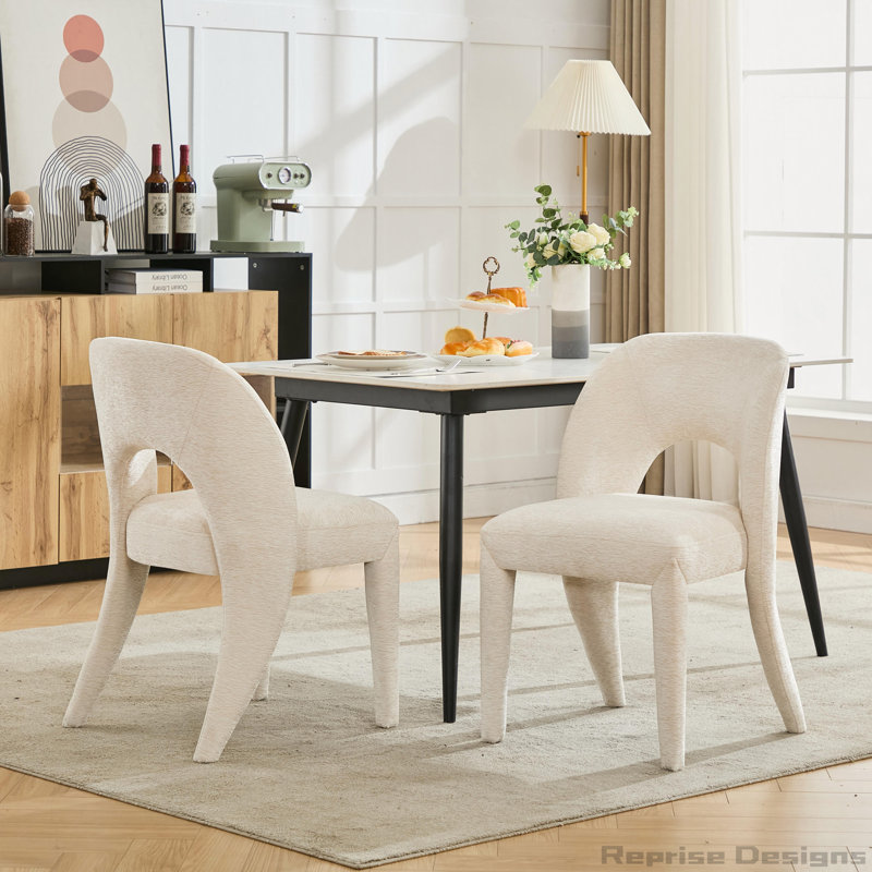 Chaise de salle à manger en chenille avec dossier évidé, ensemble de 2, Crème, crème