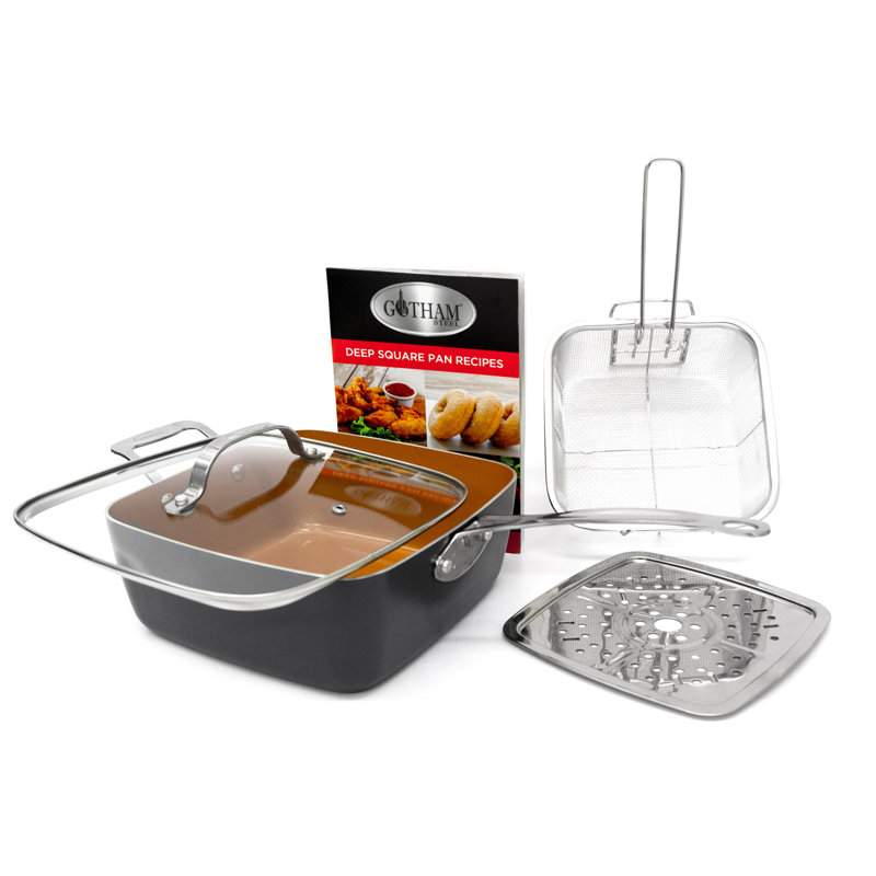 Gotham Steel 9.5" Deep Squre Nonstick Pan with Steamer Tray, Fry Basket and Glass Lid