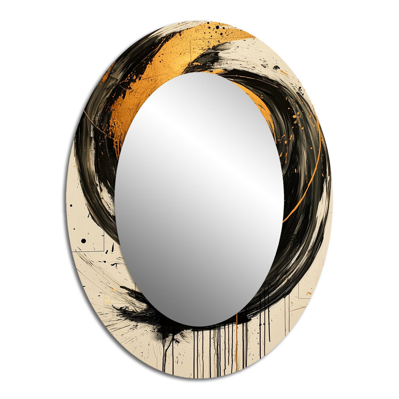 Abstract Circle In Gold And Grey Tones I - Large Oval Wall Mirror On Metal, 40" x 30"