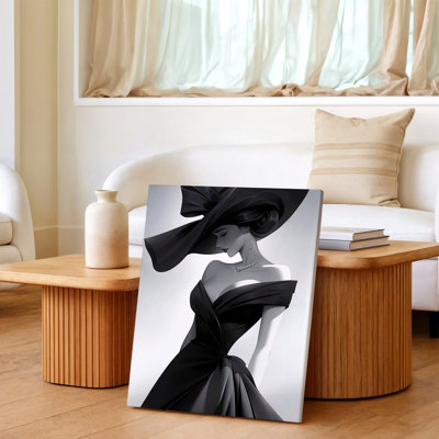 Elegant Woman Dress Large Hat Monochrome Fashion Canvas Wall Art Print, Black Portrait Decorative Artwork For Living Room, Bedroom, Office, Hallway, And Apartment Gallery Decor