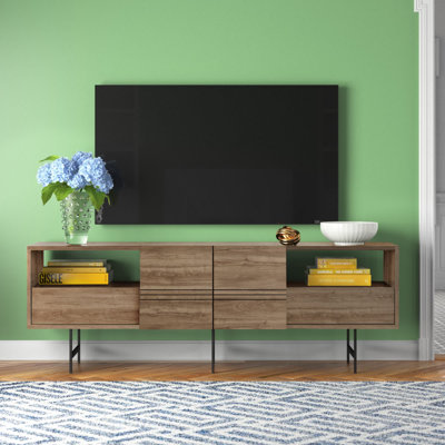 Meuble télé moderne avec option de fixation murale, noyer et noir, 70,9 po x 25,5 po x 14,6 po | 100% panneau de particules enduit de mélamine, épaisseur: 0,7 pouce | Design scandinave élégant avec de grandes tablettes pour le rangement
