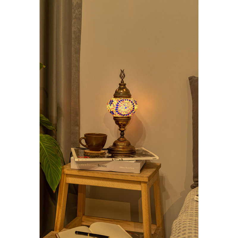 Kafthan Turkish Lamp w/ Plug-in - Mosaic Stained Glass Table Lamp, - Pavla Vintage Moroccan Lamp, Multicolor Center Circle