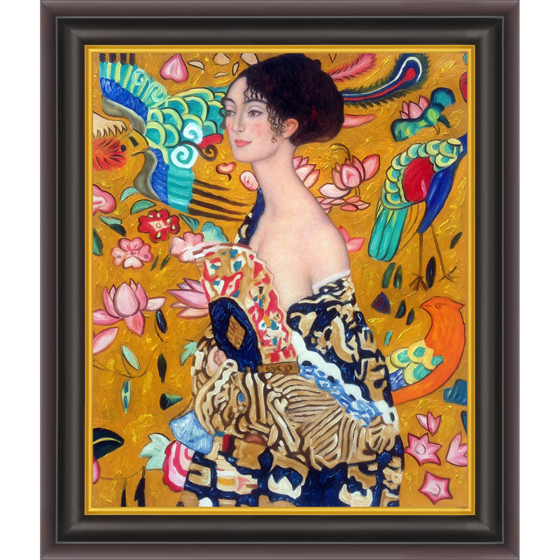 «Con Ventaglio» par Gustav Klimt, peinture sur toile tendue, H 26 po x l 30 po x P 2 po, Encadré opulent