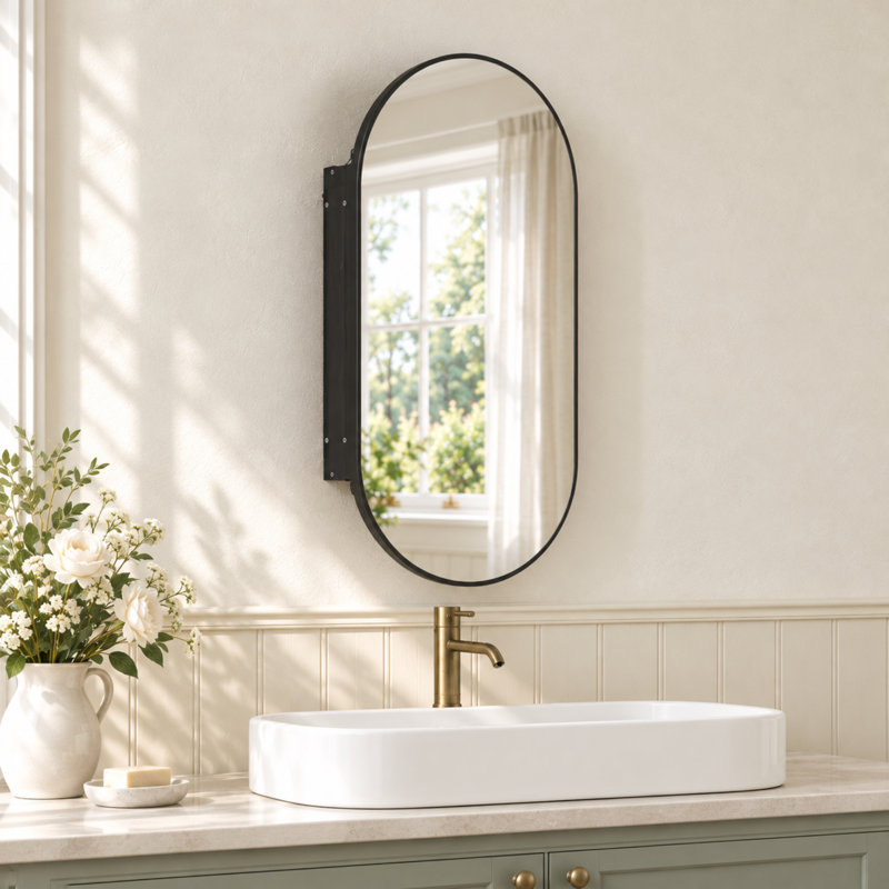 Ayyat 80 × 42 cm Oval Bathroom Mirror Cabinet, Matte Black, 1 Door with 3 Shelves