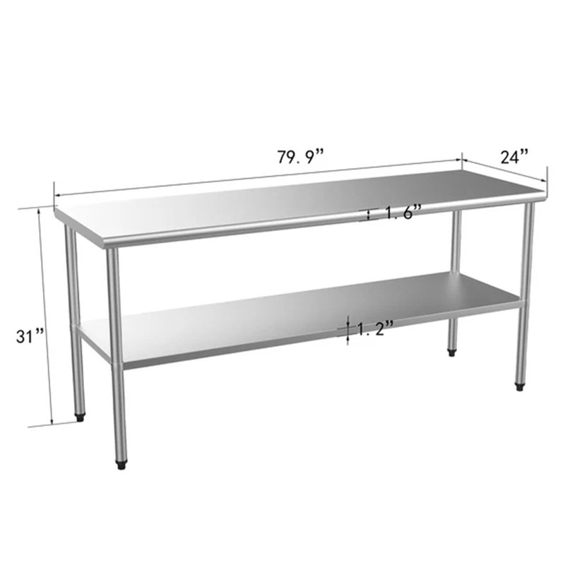 Table en acier inoxydable avec tablette inférieure, H 34 po x l 72 po x P 24 po