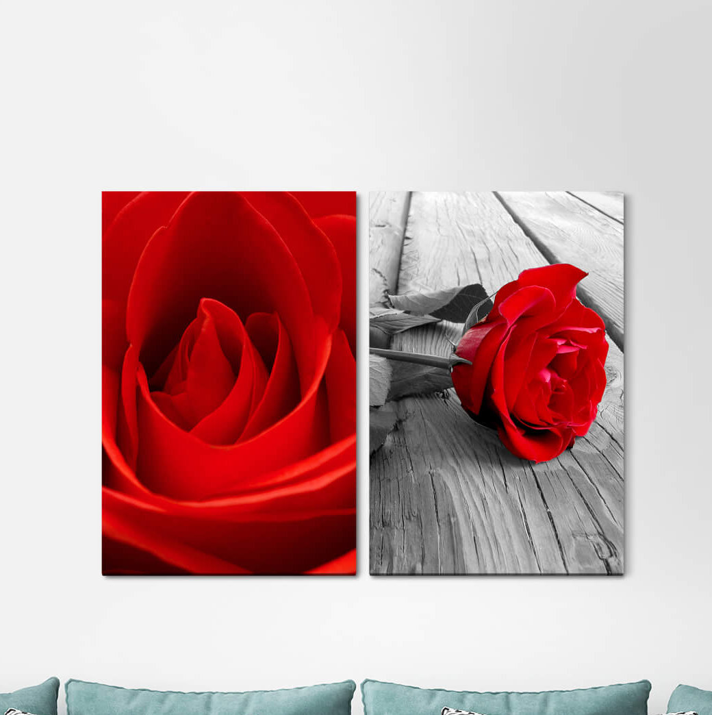 2-tlg. Leinwandbilder-Set - Fotografie „Rose Blossom Red Love Passion Bedroom”