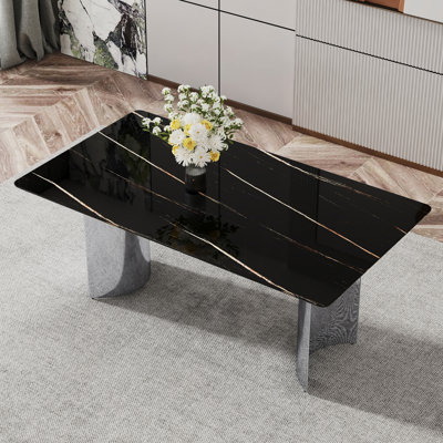 Modern Minimalist Dining Table. The Black Imitation Marble Glass Desktop Is Equipped With Silver Metal Legs. Suitable For Restaurants And Living Rooms 71 "* 39.3" * 29.5 "