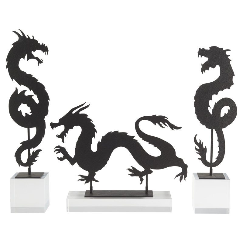 Black Iron Dragon Sculpture on Clear Base