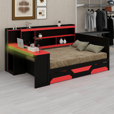 Gaming Daybed System with Desk, Lights, 3 Storage Drawers, Charging Station and Headboard Bookshelf
