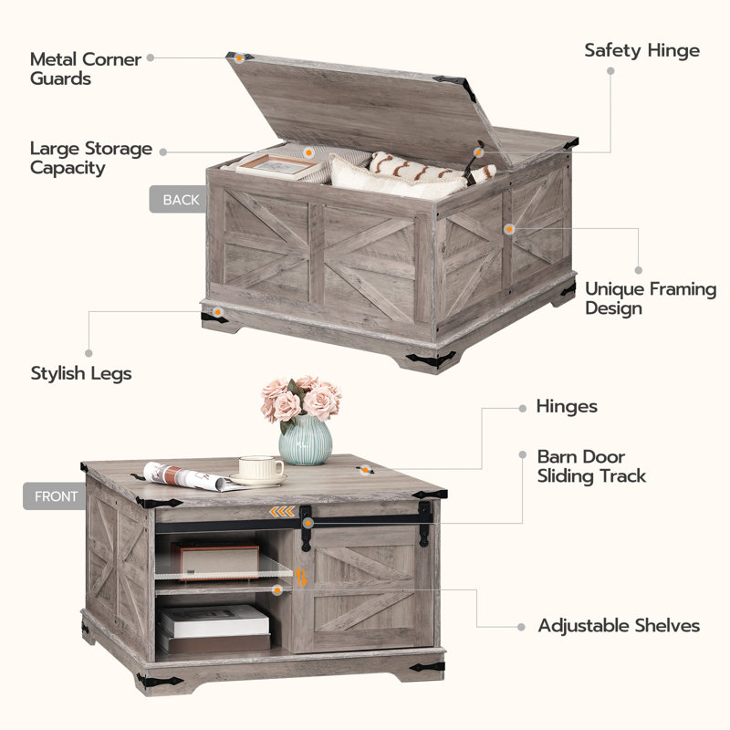 Gray Square Lift-Top Farmhouse Coffee Table with Storage