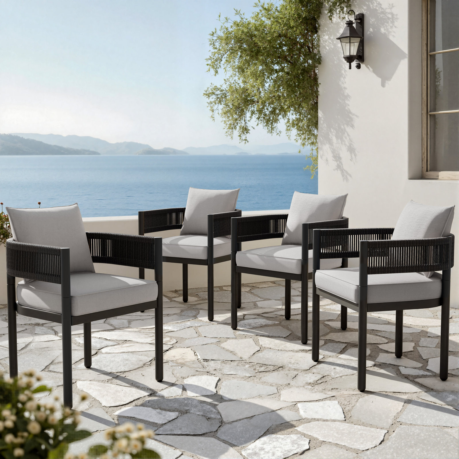 Alessandra Rope Outdoor Dining Chairs With Cushions, Beige Cushion/Black Arm