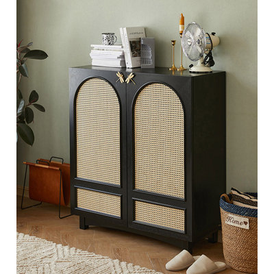 Solid wood adjustable rattan shoe cabinet