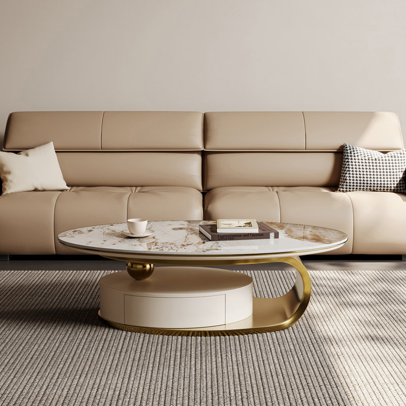 51.2-Inch Oval Faux Marble Coffee Table with Drawers