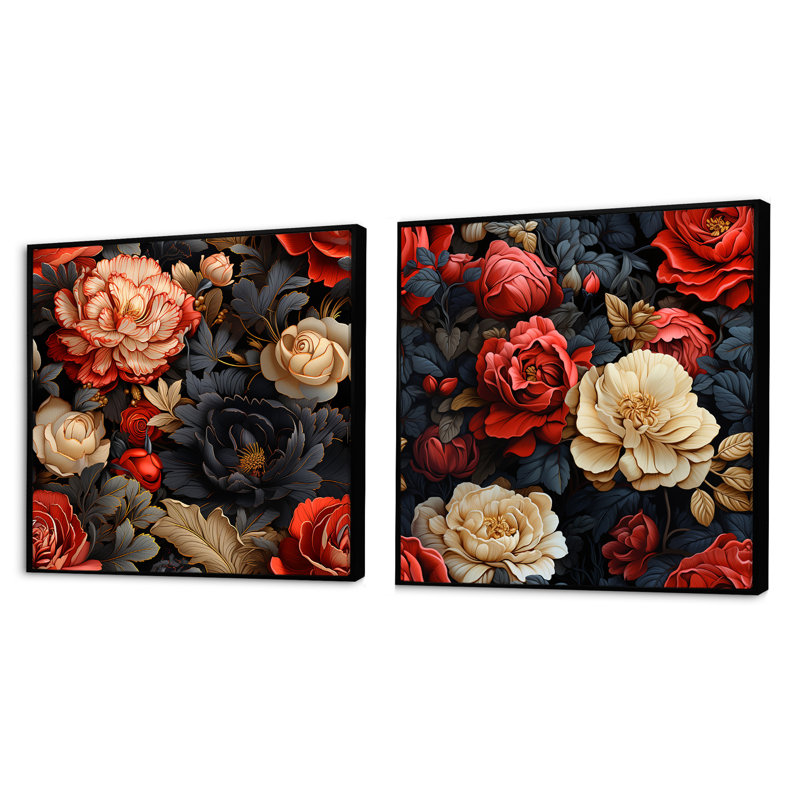 Opulence rouge victorienne rouge motif floral III - ensemble de 2 collages floraux carrés, Cadre flottant noir