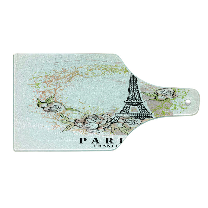 Ambesonne Paris Tempered Glass Cutting Board Floral Eiffel Tower Layout White Multicolor
