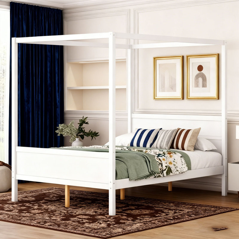 Lit plateforme à baldaquin avec tête et pied de lit, pieds de support à lattes, Blanc