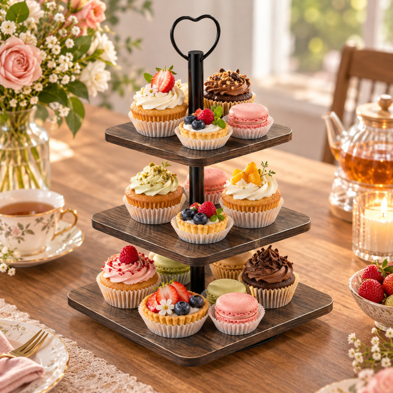 Présentoir rotatif à 3 étages pour petits gâteaux et desserts avec poignée, brun rustique