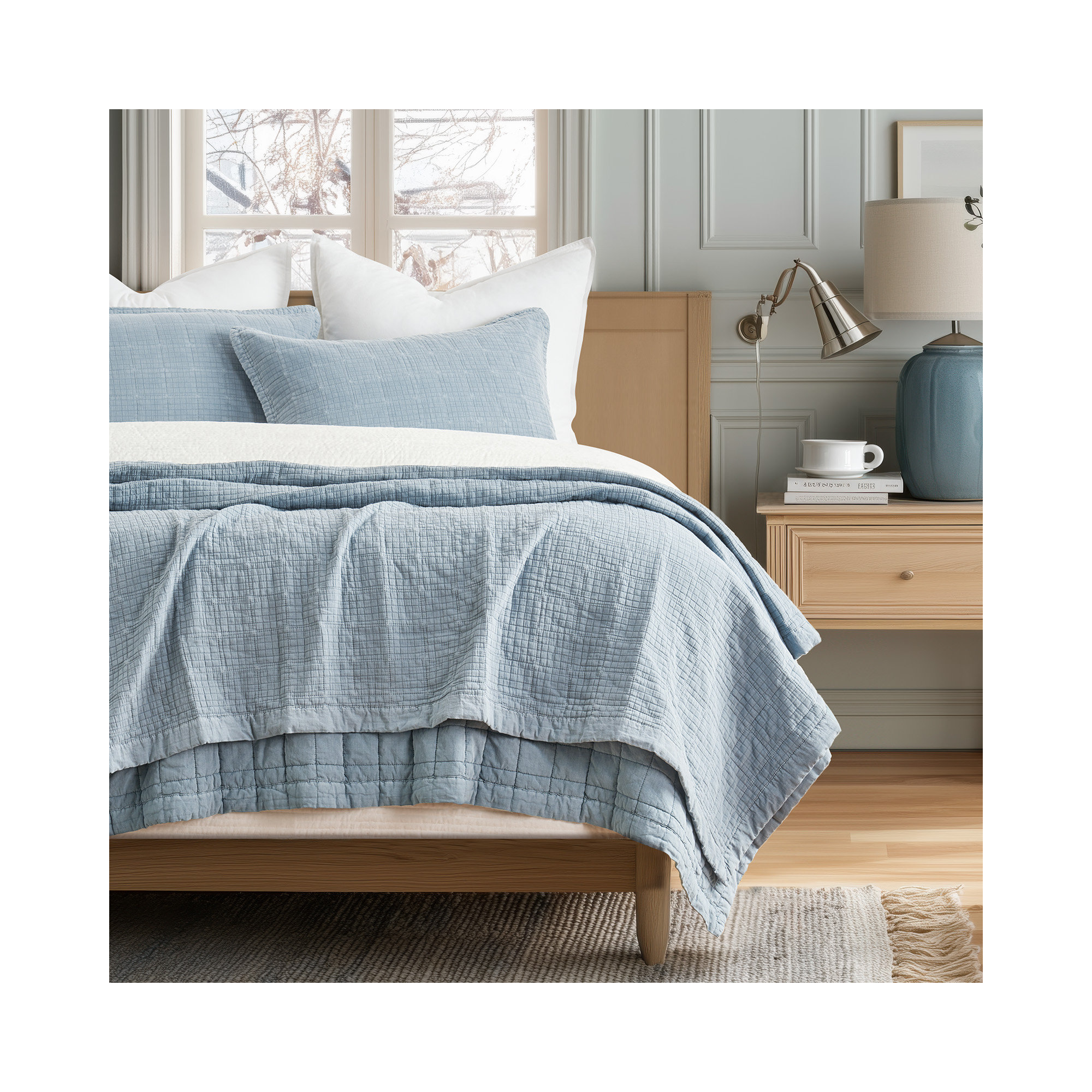 Stonewashed Crinkle Cotton Box Stitch Quilt Set, Queen Quilt + 2 Queen Shams, Blue Linen