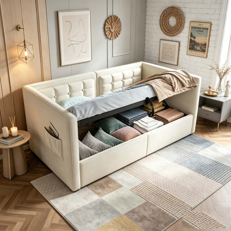 Daybed, Hydraulic Storage Twin Bed Frame with USB & Type-C Charging, Bed Frame with Wooden Slats and Tufted Sofa Back