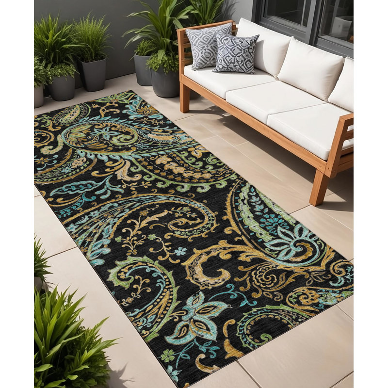 Tapis de couloir intérieur et extérieur noir 8 po Paisley